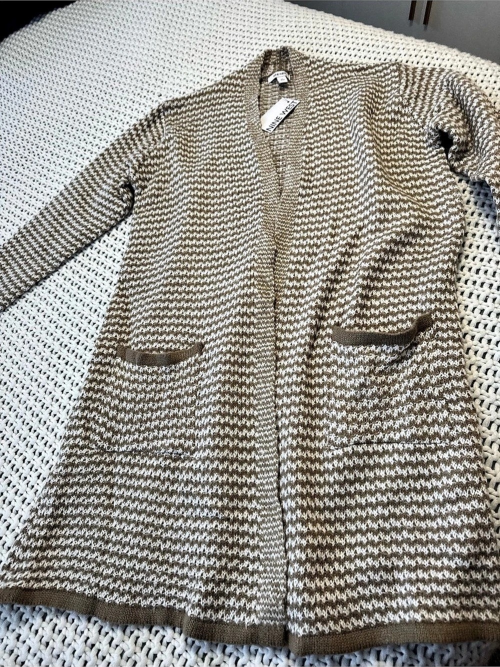NWT Nine West Tan & White Micro-Pattern Open-Front Duster Sweater size XL